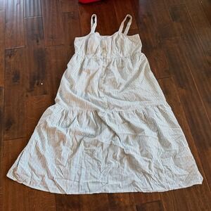 Ingrid & Isabel Striped Tiered Midi Dress Button Front Smocked Linen Blue Large